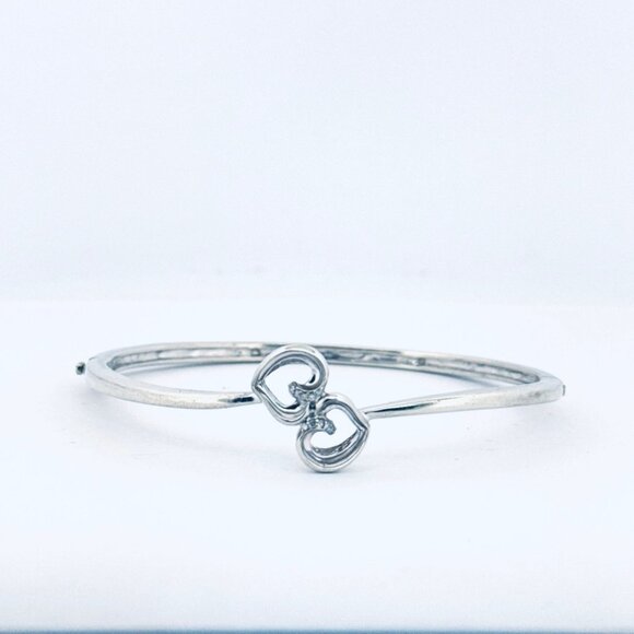 Designer Jewelry - Estate Sterling Silver 925 Bangle Bracelet Two Hearts Diamond Accents 6" 14.9g
